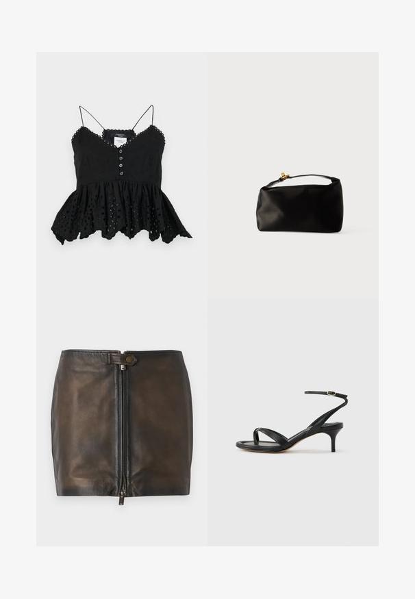 Sort ærmeløs top med V-hals, knaplukning foran og flared peplum afslutning. Har dekorativ broderi og scalloped kanter.; Sort læder mini-skjørt med lukning foran med lynlås, glat overflade og en smal talje. Har et lille metalaccent på taljen.; Sort damesandal i læder med tynde remme, en tå-loop, ankelspænde og en mellemhøj stiletthæl på en neutral baggrund.; Sort satinpung med en afrundet form, et håndtag i toppen og en guldaccentlås. Glat tekstur med et minimalistisk design.