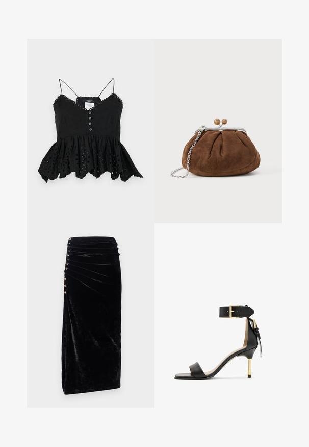 Sort ærmeløs top med V-hals, knaplukning foran og flared peplum afslutning. Har dekorativ broderi og scalloped kanter.; Rabanne Pencil skirt - black; Sort læder hæl sandal med firkantet tå, ankelrem med en guldbuckle og en slank metallisk hæl. Glat tekstur, minimalistisk design.; Brun ruskindsmøntpung med sølvramme, to træklipskugler og en sølvkædesele på en hvid baggrund.
