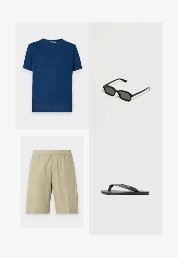 Effen marineblauw T-shirt met korte mouwen en ronde hals, met een normale pasvorm, getoond op een lichtgrijze achtergrond.; Beige knielange shorts met een elastische tailleband en zijzakken, gemaakt van lichte stof.; Zwarte flip-flop met textuur in de bandjes, platte zool en gekartelde rand. Gemaakt van rubber met een gladde afwerking en minimalistisch ontwerp.; Zwarte rechthoekige zonnebril met donkere glazen en slanke pootjes, weergegeven op een lichte neutrale achtergrond.