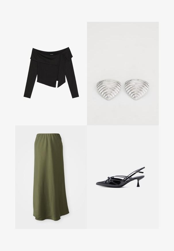 Sort off-shoulder top med lange ærmer, der har et lagdelt design og en let cropped kant. Fremstillet af ribbet materiale.; Olivenfarvet ankel-lang nederdel lavet af blødt stof med elastisk talje; glat tekstur og et enkelt, svævende design.; Sort laklæder slingback-pumpe med spids tå, lav kittenhæl og dekorativ knyttet sløjfedetalje foran.; Sølvfarvede øreringe med et bølget, tekstureret design, formet som overlappende halvmåner; den polerede overflade fremhæver de reflekterende egenskaber.