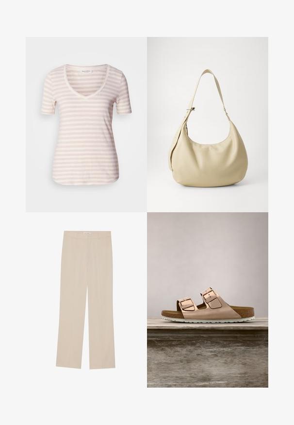 Kortærmet V-hals t-shirt i lys beige med tynde, vandrette hvide striber. Blødt stof med en afslappet pasform og afrundet kant.; Beige vide ben bukser med en glat tekstur, der har en skræddersyet pasform, to forlommer og diskrete folder langs benene.; Rosenfarvede slidesandaler i metal med to justerbare metalspænder, korkfodbed og hvid gummisål. Glat metalfinish, åben tå-design.; Beige læder skuldertaske med en buet form, justerbar rem og præget logo detalje, der har en glat tekstur og minimalistisk design.
