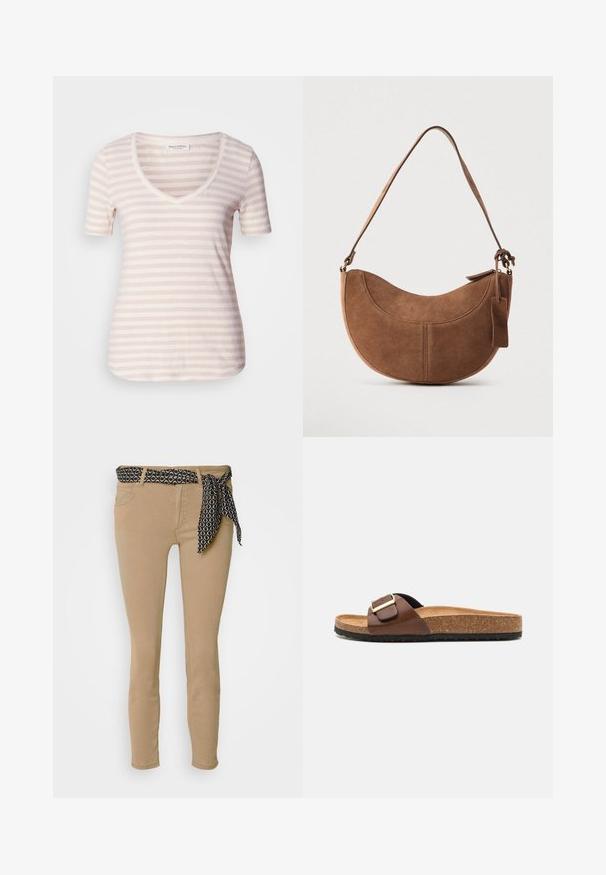 T-shirt à manches courtes en V couleur beige clair avec de fines rayures blanches horizontales. Tissu doux avec une coupe décontractée et un ourlet arrondi.; Jean skinny beige avec une ceinture à motif noir et un nœud assorti. Dispose de cinq poches et d'une texture douce en mélange de coton.; Sandale en cuir marron à enfiler avec une boucle réglable unique, semelle en liège et semelle extérieure en caoutchouc noir texturé. Design minimaliste.; Sac à main en daim marron de forme courbée en demi-lune. Il est doté d'une bandoulière, d'une petite étiquette et de coutures visibles le long des bords.