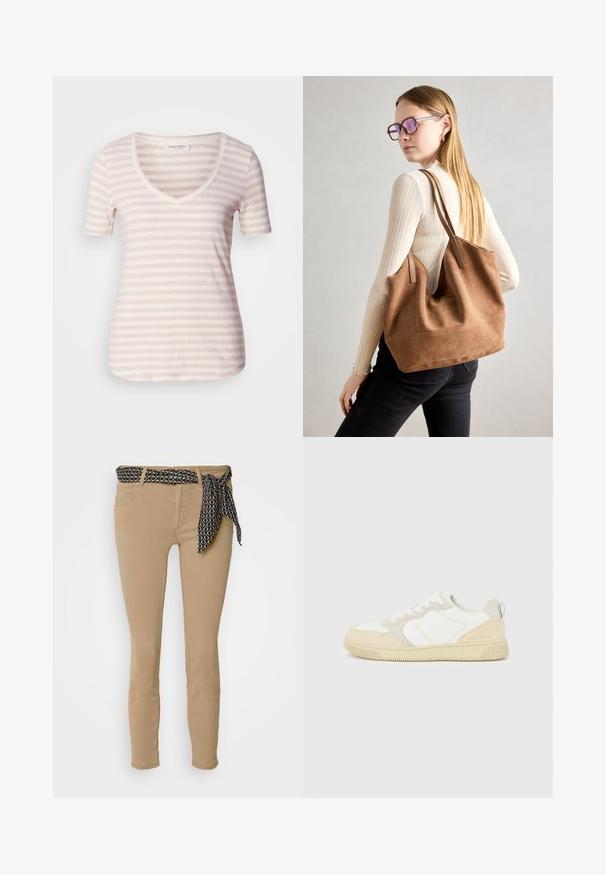 Kortærmet V-hals t-shirt i lys beige med tynde, vandrette hvide striber. Blødt stof med en afslappet pasform og afrundet kant.; Beige skinny jeans med en sort mønstret talje og matchende bånd. Har fem lommer og en glat, bomuldsblandet tekstur.; Hvid og beige sneaker med en overdel i ruskind og tekstil, med kontrastsyninger, en gummisål og en lyseblå detalje på hælen.; Brun ruskind tote taske med blød tekstur, stor åbning og lange stropper. Har et enkelt design med synlige syninger og ingen hardware.