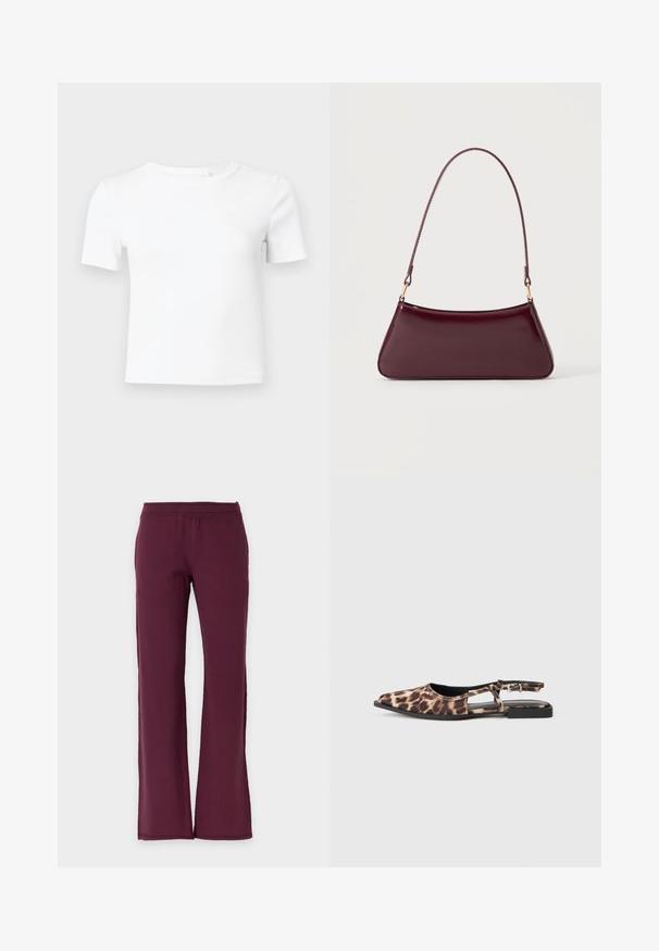 T-shirt blanc à manches courtes en tissu côtelé, avec un col rond et une coupe ajustée, idéal pour superposer ou porter au quotidien.; Pantalon droit de couleur bordeaux foncé uni avec une taille élastique, en tissu doux.; Ballerine à enfiler en imprimé léopard, avec un bout pointu, des côtés ouverts et un petit talon noir. Le matériau semble lisse avec un léger éclat.; Sac à main brillant bordeaux foncé avec une anse fine unique et une forme trapézoïdale élégante sur un fond clair uni.