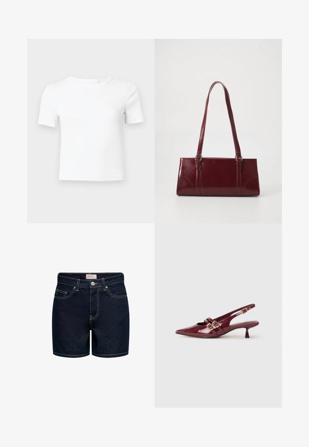 Hvid T-shirt med korte ærmer lavet af ribstrikket stof, med rund hals og en tætsiddende pasform, ideel til lag-på-lag eller afslappet brug.; Mørkeblå denimshorts med en tætsiddende pasform, fem lommer, gyldne syninger og lukning med knap foran. Materialet har en glat tekstur.; Burgunderfarvet patenteret lædersko med åben hæl og spids tå, to flade stropper med guldspænder og en lille hæl.; Bordeaux håndtaske lavet af glansfuldt materiale, rektangulær form, med to skulderremme og subtile buede detaljer på forsiden.