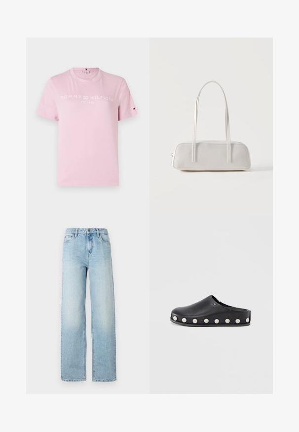 Roze katoenen T-shirt met een ronde hals, korte mouwen, en de tekst "TOMMY HILFIGER EST. 1985" in het wit gedrukt over de borst.; Lichtblauwe denim wijdpijpen jeans met een klassiek vijfvak ontwerp, knoopsluiting en subtiele vervaging voor textuur.; Zwarte leren klomp met een ronde neus en een platte zool, voorzien van verhoogde witte studs langs de zijkanten als accentdetail.; Witte rechthoekige schoudertas met lange dunne bandjes, minimale stiksels en ritssluiting op een effen achtergrond.