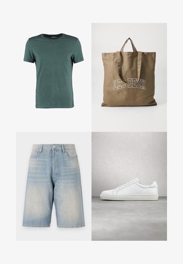Grøn kortærmet t-shirt lavet af bomuld, med rund hals og et enkelt, ensfarvet design uden synlige mønstre eller detaljer.; Lyseblå denimshorts med en afslappet pasform. Har knaplukning, bæltestropper og to forlommer. Aftaget tekstur over det hele.; Hvide sneakers med en glat læderoverdel og lav profil. Har en rund tå, seks snørehuller og en tekstureret gummisål.; Brun stof tote bag med to lange håndtag. Forsiden har hvid tekst med teksten "LES DEUX." Enkel design, robust materiale og flad form.