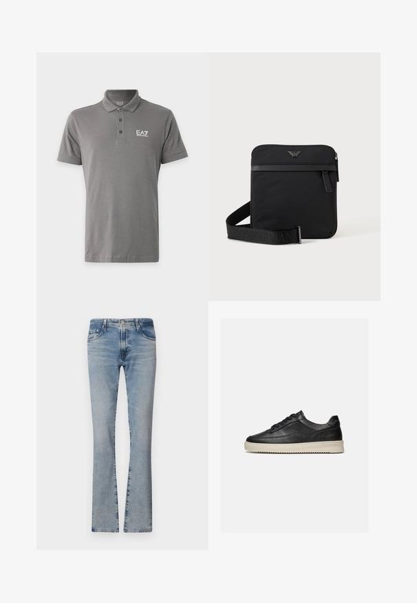 Šedé polo tričko s krátkym rukávom, tromi gombíkmi a bielym logom "EA7 Emporio Armani" na ľavej strane hrude.; Svetlomodré rifľové zvonové nohavice s stredne vysokým pásom, piatimi vreckami a vyblednutým vzhľadom, so zipsovým zapínaním a kovovým gombíkom.; Čierny kožený nízky teniska s čiernymi šnúrkami a hrubou krémovou gumovou podrážkou, zobrazený na bielom pozadí.; Čierna štvorcová kabelka cez rameno so zipsom, predným vreckom a nastaviteľným popruhom s vyrazeným názvom značky.