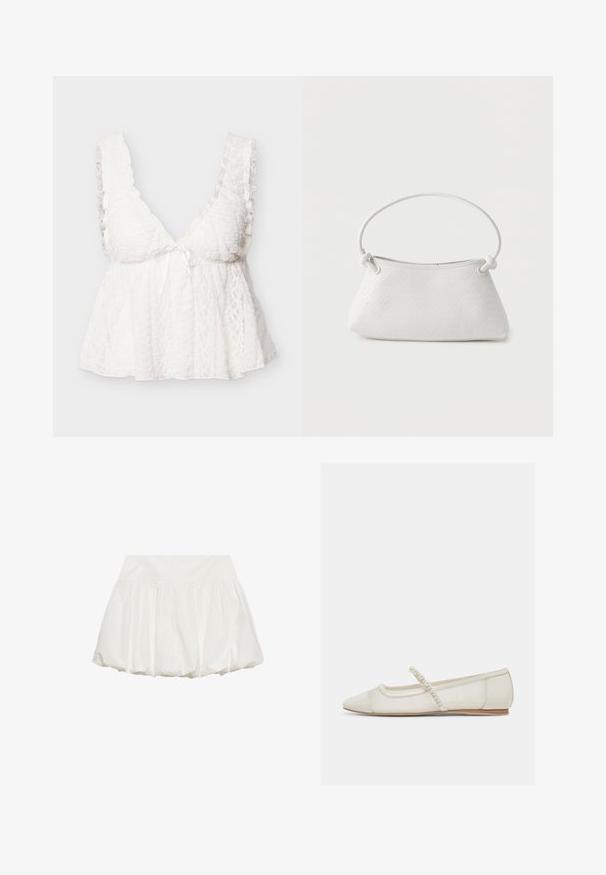 Haut sans manches en dentelle blanche avec bretelles volantées, col en V profond, buste ajusté et bas ample et fluide avec un petit nœud devant.; Jupe ballon blanche avec une large ceinture et un tissu froncé créant une silhouette gonflée.; Chaussure plate ivoire à bout pointu avec bride ornée de perles et petit talon en bois, vue de côté sur un fond clair.; Sac à main en cuir tressé blanc avec poignée arrondie et extrémités de lanière nouées, présenté sur un fond uni.
