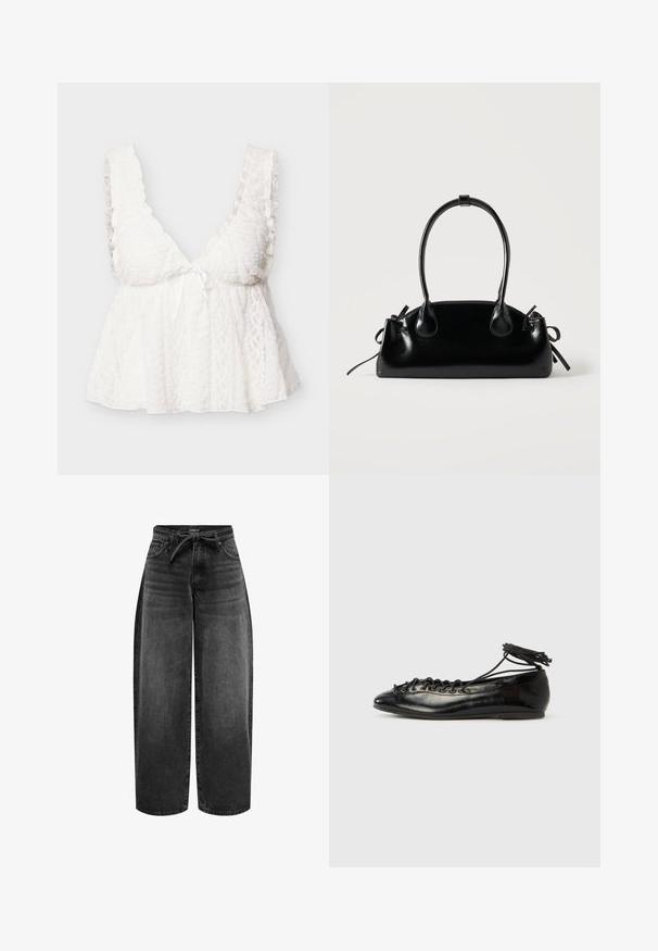 Hvid blonder uden ærmer med rynkede stropper, dyb V-udskæring, tætsiddende buste og løs, flydende bund med en lille sløjfe foran.; ONLY Straight fit ONLGIANNA Mid waist Balloon - Jeans Straight Leg - washed black; Sorte balletflade sko i laklæder med rundet tå, snørelukning og flad sål. Glat tekstur med få detaljer.; Lille sort blank håndtaske med to lange håndtag og snøre-detaljer i siden på en ensfarvet lys baggrund.