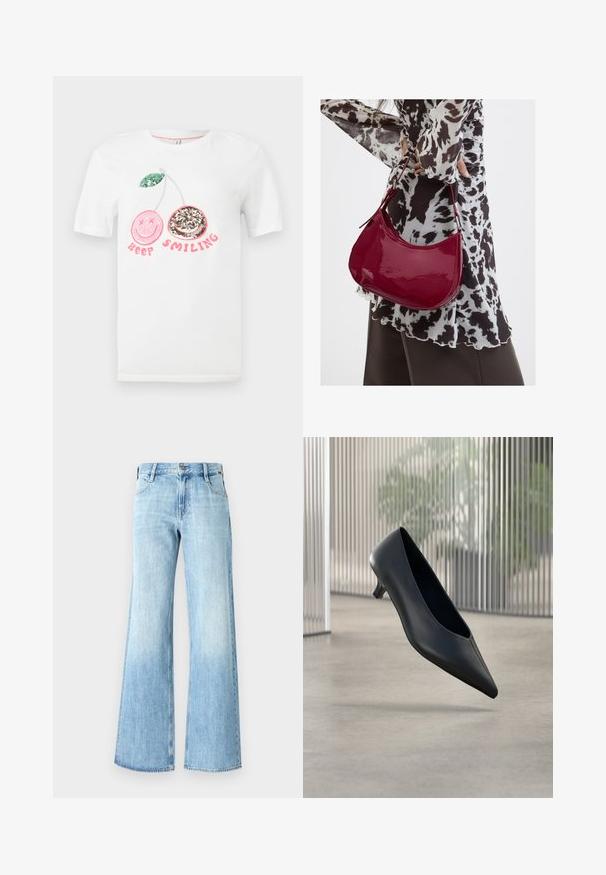 Hvid T-shirt med to pailletkirsebær, den ene pink med krydsede øjne og den anden sølv med et smil, og teksten "Keep Smiling" i pink nedenunder.; Lyseblå denim flare jeans med høj talje, klassisk fem-lomme design og knaplukning, samt en let falmning nær kanten.; Sort spids tå kitten heel sko, der svæver over en glat betongulv med lodrette gennemsigtige paneler i baggrunden.; Kvinde iført en sort- og hvidmønstret bluse, der holder en blank rød skuldertaske mod en ensfarvet baggrund.