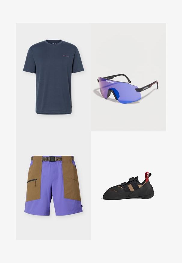 Camiseta de manga corta de cuello redondo en azul marino con un pequeño logo rosa de "Helly Hansen" en la parte superior izquierda del pecho.; Pantalones cortos morados con grandes bolsillos laterales marrones, un bolsillo con cremallera en el lado izquierdo, detalles de costura en el derecho y un cinturón con estampado de animal y hebilla negra.; Zapato de escalada con un upper sintético negro y marrón, que cuenta con dos correas de Velcro, una suela de goma y un tirador rojo en el talón.; Gafas de sol deportivas envolventes con tinte azul, montura negra, almohadillas de goma en la nariz y marca Carrera en la lente y las varillas.