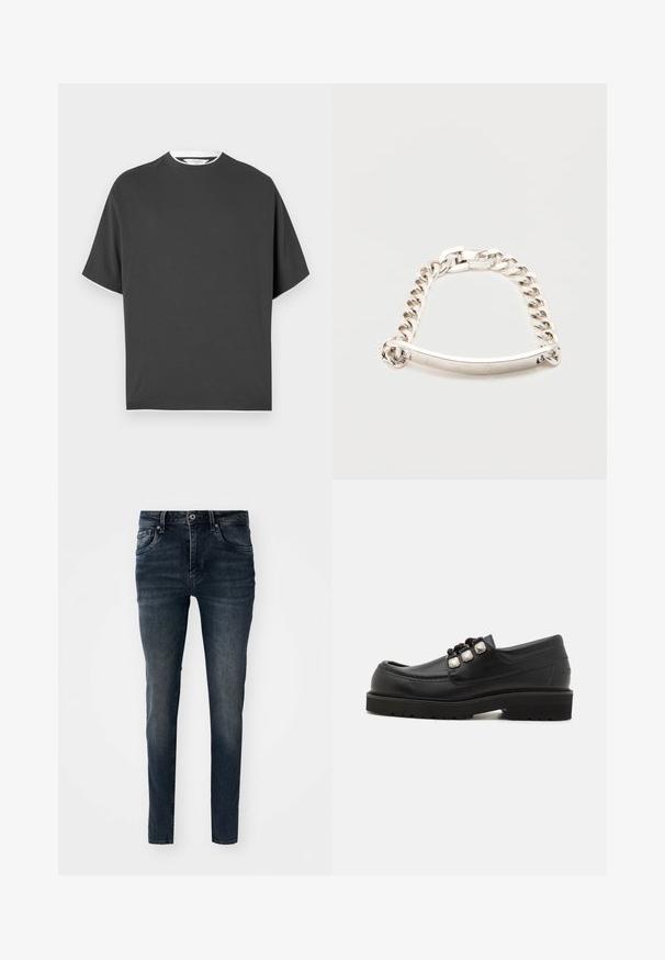 Dunkelgraues kurzärmeliges T-Shirt mit Rundhalsausschnitt und weißem Kragenclip, präsentiert auf einem schlichten weißen Hintergrund.; Dunkelblaue Jeans aus Denim mit schlanker Passform, fünf Taschen, geraden Beinen und Kontrastnähten, mit einem Knopf- und Reißverschluss.; Schwarze Lederloafers mit rundem Zehenbereich, ausgestattet mit drei metallischen Akzenten und einer strukturierten Sohle für besseren Halt. Glattes Obermaterial und gestickte Details.; Silbernes Kettenarmband mit einer blanken, gebogenen Metallplatte in der Mitte vor weißem Hintergrund.