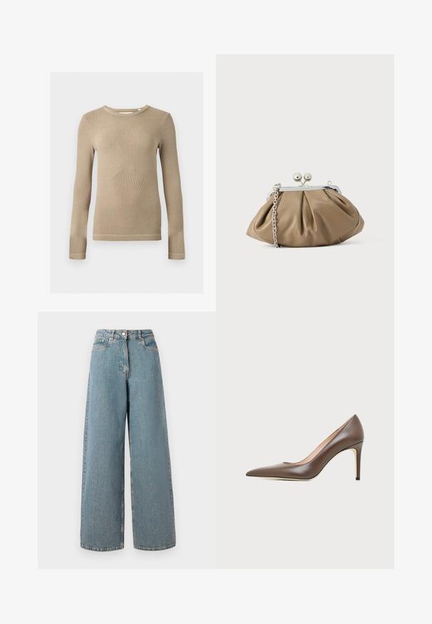 Beige geribd gebreid topje met lange mouwen, ronde hals, aansluitende pasvorm en zichtbare naden bij de zomen, tegen een effen achtergrond.; Hogewaisted, lichtblauwe wijdvallende denim jeans met een ritssluiting aan de voorkant, knoopsluiting en zakken aan de voorkant.; Bruine leren pump met spits toelopende neus, slanke naaldhak en een gladde afwerking op een lichte achtergrond.; Leren clutch in zacht beige met een afgeronde vorm, geplooide textuur, zilveren kiss-lock sluiting en een afneembare kettingriem.