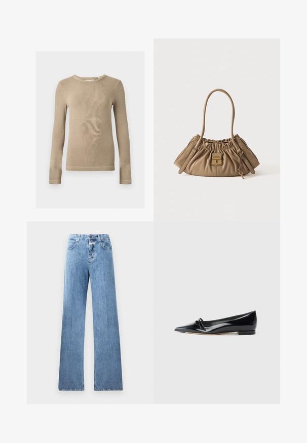 Beige ribstrikket langærmet top med rund halsudskæring, tætsiddende pasform og synlige sømmer på kanterne mod en ensfarvet baggrund.; Lyseblå denim jeans med vid ben-design, fem lommer, bæltestropper og knaplukning. Stofmaterialet har en glat tekstur.; Sorte patentlæder flade sko med spids tå, lille dekorativ rem og lav blokhæl. Glat tekstur og strømlinet design.; Beige blød læderhåndtaske med opsamlet top, lås og nøgle i guldfarve samt to skulderremme, der står mod en ensfarvet baggrund.