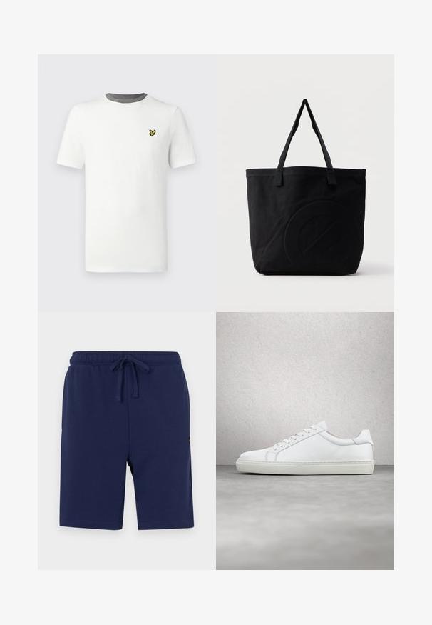 T-shirt en coton blanc avec col rond, manches courtes, et col gris ; présente un petit logo jaune brodé sur la poitrine.; Shorts bleu marine en mélange de coton doux, dotés d'une taille élastique avec cordon de serrage et de poches latérales.; Sneaker blanche avec une tige en cuir lisse et un profil bas. Présente un bout arrondi, six œillets et une semelle en caoutchouc texturé.; Sac fourre-tout en toile noire avec deux bandoulières et un motif circulaire discret en relief sur le devant.
