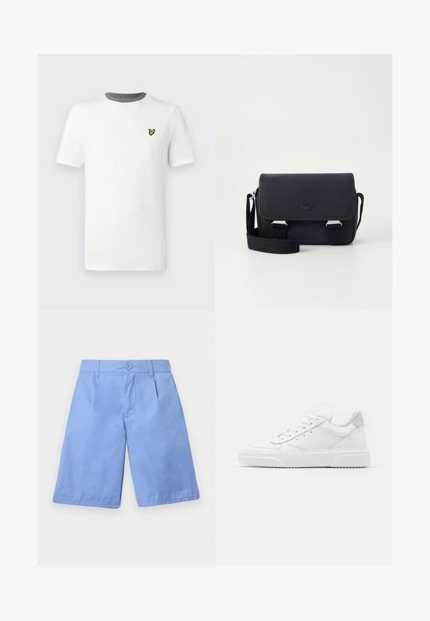 T-shirt en coton blanc avec col rond, manches courtes, et col gris ; présente un petit logo jaune brodé sur la poitrine.; Shorts bleu clair en coton, avec une fermeture à boutons, deux poches avant, une coupe décontractée, et des plis sur le devant.; Des baskets en cuir blanc avec une finition lisse, un bout rond, des lacets plats et une semelle texturée. Accents en daim gris au niveau du talon.; Lacoste CLASSIC MESSENGER BAG - Sac bandoulière - noir