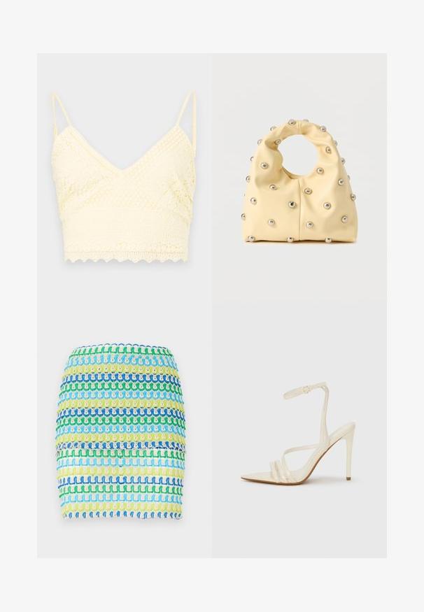 Gul blonde bralette med V-halsdesign, justerbare stropper, teksturerede mønstre og bølget kant.; Tekstil mini skirt med horisontale striber i blå, grøn og gul. Designet har et tekstureret, vævet udseende med et lagdelt effekt.; Beige sandaler med høje hæle og spids tå, med tre stropper foran og en tynd ankelrem med spænde. Glat tekstur, minimalistisk design.; Blød gul håndtaske med cirkulært håndtag, dekoreret med jævnt fordelte små sølvfarvede metalknopper på en glat overflade.