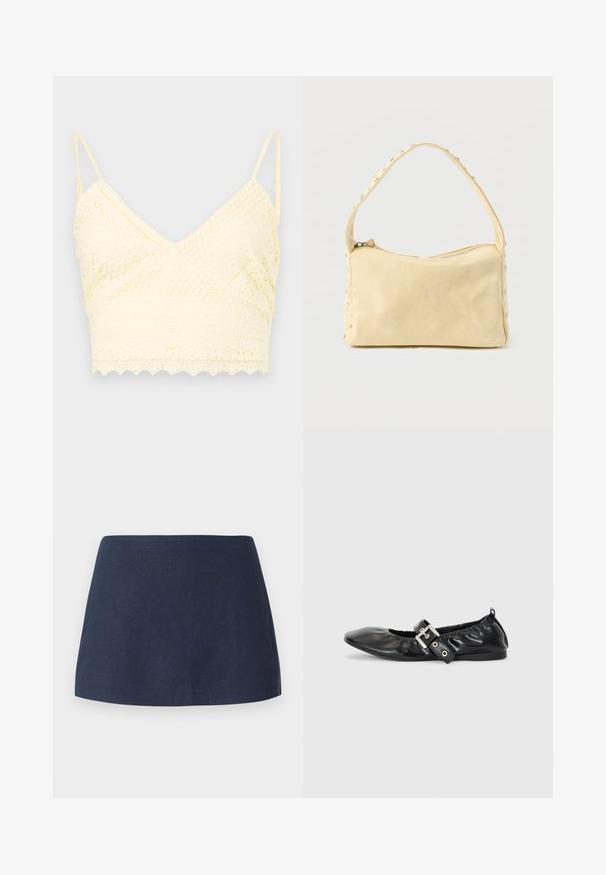 Gul blonde bralette med V-halsdesign, justerbare stropper, teksturerede mønstre og bølget kant.; Mørkeblå, kort A-line nederdel lavet af et tekstureret, letvægtsstof med en glat talje og uden mønstre eller dekorationer.; Sorte læder flade sko med spids tå, samling detaljer omkring åbningen, og en sølv spænde accent på den justerbare rem.; Lille beige læderhåndtaske med en enkelt rem og sølvnitter langs kanterne og remmen, sat mod en ensfarvet baggrund.