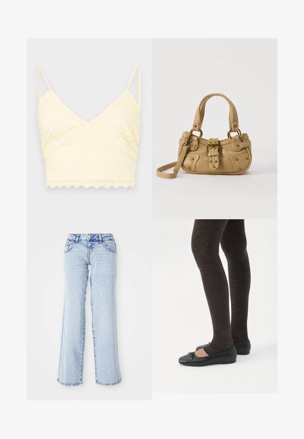 Gul blonde bralette med V-halsdesign, justerbare stropper, teksturerede mønstre og bølget kant.; Lyseblå denimjeans med en afslappet pasform, lige ben og subtilt slid. Har fem lommer og bæltestropper. Distressed kantdetalje.; Ben iført mørke ribbede leggings kombineret med sorte balletsko med små sløjfedetaljer på hvid baggrund.; Beige læderhåndtaske med dobbelte håndtag, messing spænde og nitte detaljer samt en justerbar skulderrem mod en hvid baggrund.
