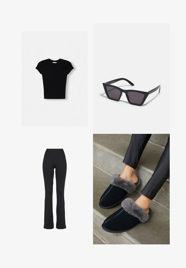 Sort kortærmet t-shirt lavet af bomuld. Tætsiddende design, rund hals og glat tekstur. Ingen mønstre eller ekstra hardware synligt.; Sorte højtaljede, tætsiddende yogabukser med udvidede ben, præsenteret mod en hvid baggrund.; Sorte ruskinds slippers med en grå faux fur manchet, rund tå og kontrastsyning. Blød tekstur og slip-on design for nem brug.; Sorte, kantede solbriller med grå linser; lavet af plast, med tykke stænger med en glat overflade og ingen synlig hardware.