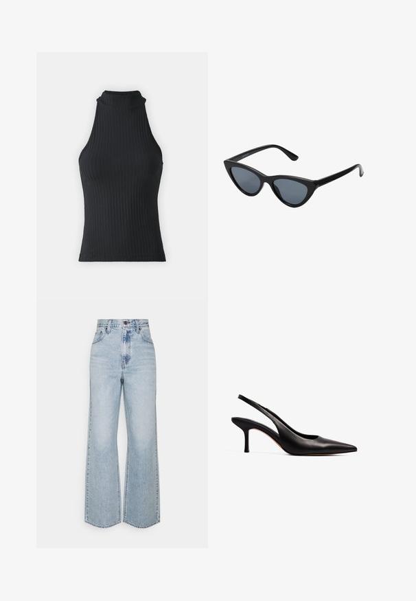 Schwarzes, geripptes, hochgeschlossenes ärmelloses Oberteil mit taillierter Form und dehnbarem Stoff, der eine subtile Textur und gesäumte Kanten aufweist.; Helle blaue Jeans im weiten Schnitt mit hoher Taille, klassischem Fünf-Taschen-Design und kontrastierenden Nähten. Unfinished Saum am unteren Ende.; NA-KD Pumps - black; Schwarze Cat-Eye-Sonnenbrille mit dunkelgrauen Gläsern, schlankem Kunststoffrahmen, spitzen Ecken und geraden Bügeln. Keine sichtbaren Befestigungen oder Akzente.
