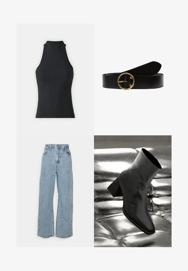 Sort ribbet højhalset ærmeløs top med en tætsiddende form og strækbart stof, der har en subtil tekstur og kantede kanter.; Lyseblå vidde denimjeans med høj talje, frontknap, lynlås og femlomme-design på ensfarvet baggrund.; Sorte ankelstøvler lavet af glossy materiale med firkantet tå og spidse hæle, sat mod en skinnende sølv tuftet baggrund.; Sort læderbælte med spænde i guldfarve. Bæltet har en tekstureret overflade og afsmalnede ender for et rent design.