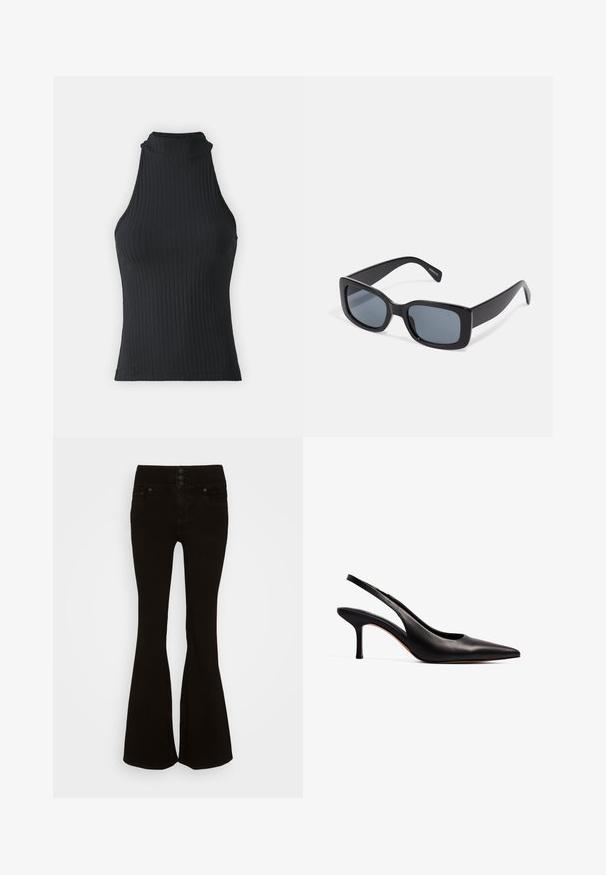 Schwarzes, geripptes, hochgeschlossenes ärmelloses Oberteil mit taillierter Form und dehnbarem Stoff, der eine subtile Textur und gesäumte Kanten aufweist.; American Eagle SUPER HIGH RISE - Flared Jeans - onyx black; NA-KD Pumps - black; Schwarze rechteckige Sonnenbrille mit dunkel getönten Gläsern, dickem Kunstrahmen und breiten Bügeln. Glatte Oberfläche und kantiges Design.