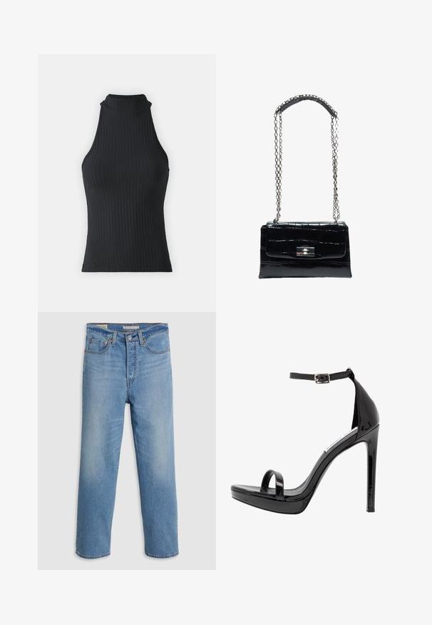 Haut sans manches noir à col montant, avec une coupe ajustée et un tissu extensible, présentant une texture subtile et des bords ourlés.; Jeans en denim bleu clair à jambes droites avec poches avant, passants de ceinture et fermeture à bouton sur fond uni.; Steve Madden MILANO - Sandales à talons hauts - black; Sac à main en cuir noir à texture crocodile avec fermoir à verrou argenté et longue chaîne argentée avec patte d'épaule en cuir.