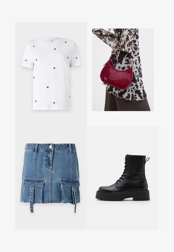 Weißes Baumwoll-T-Shirt mit verstreuten roten gestickten Herzen. Klassischer Rundhalsausschnitt und kurze Ärmel. Einfaches, modernes Design.; Denim-Minirock in hellblau, mit hoher Taille, vorderem Knopfverschluss und zwei Vordertaschen mit verstellbaren Trägern.; Schwarze Lederstiefeletten mit runder Zehenpartie, Schnürung vorne und einer dicken Gummisohle mit strukturiertem Profil. Mit Zugschlaufe an der Rückseite.; Frau trägt eine schwarz-weiß gemusterte Bluse und hält eine glänzende rote Schultertasche vor einem einfarbigen Hintergrund.