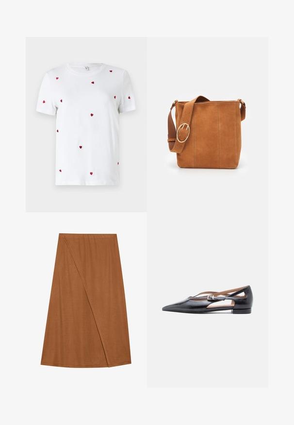 T-shirt en coton blanc avec des cœurs rouges brodés éparpillés. Encolure classique ronde et manches courtes. Design simple et moderne.; Jupe enroulée marron, mi-longue, en tissu doux. Caractérisée par un design asymétrique avec un détail de couture sur le côté et une texture lisse.; Chaussures plates en cuir noir avec un bout pointu, des côtés ouverts et une petite bride de cheville ornée d'une boucle argentée.; Sac à main en daim couleur caramel, de forme plate et rectangulaire, avec une large sangle en cuir et une grande boucle en métal circulaire.