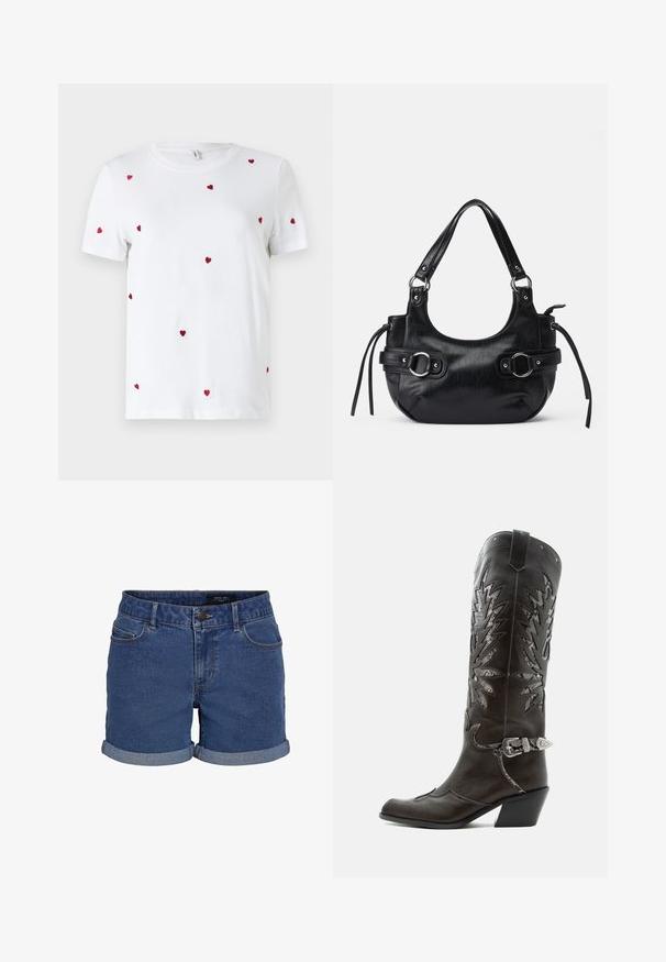 Witte katoenen t-shirt met verspreide rode geborduurde hartjes. Klassieke ronde hals en korte mouwen. Eenvoudig, modern ontwerp.; Denim shorts in donkerblauw met een klassieke snit. Beschikt over opgerolde zomen, twee voorzakken en een knoopsluiting. Glad textuur.; Zwarte leren cowboylaars met decoratieve uitsnijdingen, zilveren gesp en schuine hak, weergegeven op een witte achtergrond.; Zwarte leren handtas met een afgeronde vorm, voorzien van twee zijgespen, een gladde textuur en een korte schouderband. Accenten zijn onder andere zijfranjes.
