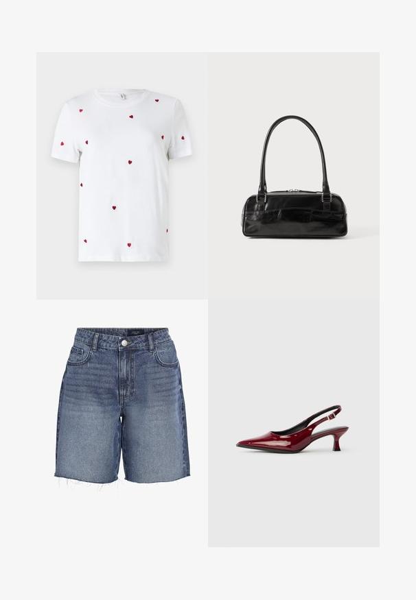 Hvid bomulds T-shirt med spredte røde broderede hjerter. Klassisk rund hals og korte ærmer. Enkel, moderne design.; Mørkeblå denimshorts med en falmet vask, der har høj talje, rå kant og fem-lomme design. Metalknaplukning foran.; Bordeaux patenteret læder slingback hæle med spids tå og en slank stiletto hæl. Åben rygdesign med justerbar ankelrem.; Sort læderhåndtaske med rektangulær form, der har et enkelt struktureret håndtag, sølvhardware og lynlås-lukning. Glat tekstur.