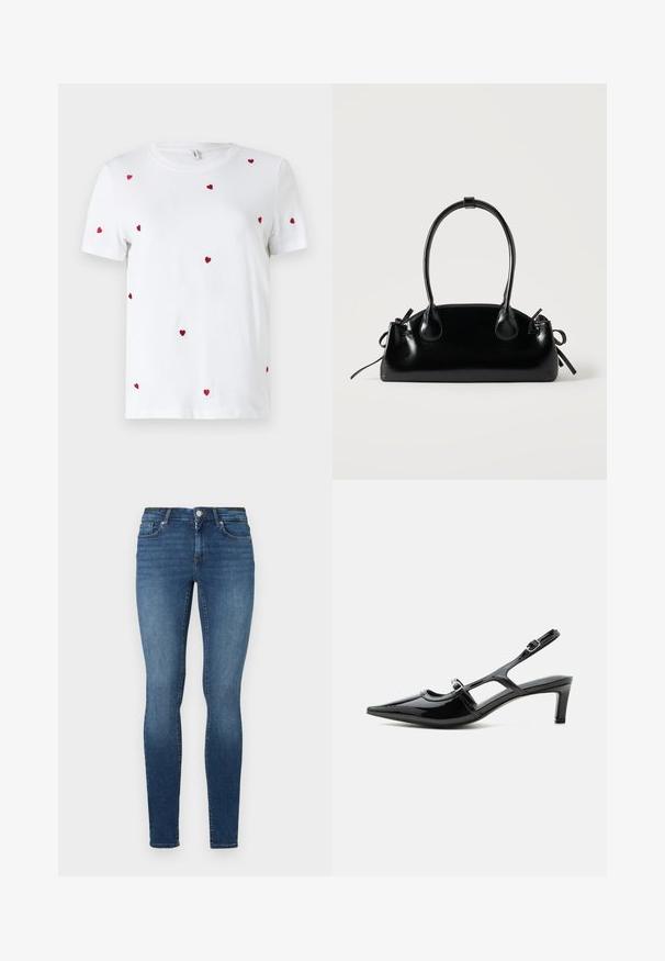 Witte katoenen t-shirt met verspreide rode geborduurde hartjes. Klassieke ronde hals en korte mouwen. Eenvoudig, modern ontwerp.; Skinny jeans in donkerblauwe denim, met vijf zakken, een knoopsluiting en een rits. De stof heeft een gladde textuur met een lichte vervaging.; Zwarte lakleren slingback schoen met een spits toelopende neus, lage hak en twee verstelbare gespen, zijaanzicht.; Kleine zwarte glanzende handtas met twee lange hengsels en zijkant trekkoord details op een effen lichte achtergrond.