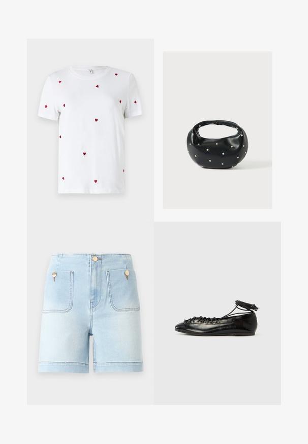 Witte katoenen t-shirt met verspreide rode geborduurde hartjes. Klassieke ronde hals en korte mouwen. Eenvoudig, modern ontwerp.; Lichtblauwe denim korte broek met hoge taille, met twee voorzakken, gouden hardware accenten en een nette zoom.; Zwarte ballerina's van lakleer met een afgeronde neus, veterdesign en een platte zool. Glad oppervlak met minimale details.; Zwarte leren handtas met een afgeronde vorm, versierd met zilveren studs, en een korte handgreep. Gladde textuur en ritsluiting.