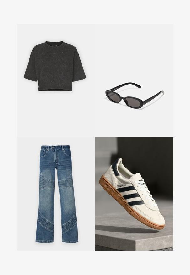 Even&Odd T-shirt imprimé - anthracite; Jean en denim bleu taille haute à jambes larges, avec des coutures courbées et des sections côtelées sur la partie inférieure. Style décontracté.; Baskets en daim blanc avec des bandes navy, semelle en caoutchouc gomme, tige texturée, bout rond et lacets ; arbore un logo sur le côté et sur la languette.; Even&Odd Lunettes de soleil - black