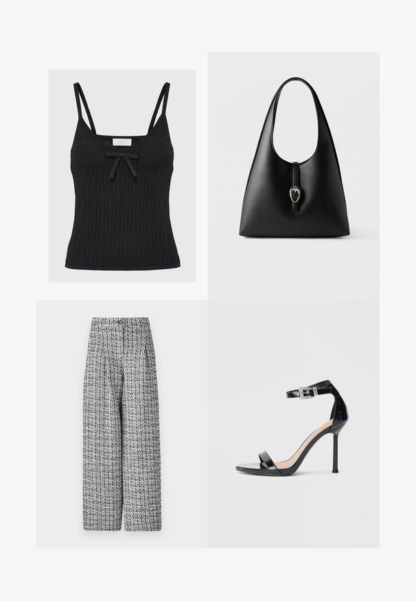 Musta neulepaita ohuille hihnoille, jossa on teksturoitu kuvio ja koristeellinen nauha kaula-aukossa. Perus yksinkertainen helma.; Kudotut leveälahkeiset housut musta-valkoisessa tekstuurikuviossa, joissa on korkea vyötärö, napitus ja laskostetut etuosa yksityiskohdat.; Musta kiiltävä nahkainen korkokengän sandaali, jossa nilkkahihna. Siinä on minimalistinen muotoilu, avoin varvas ja strassikoristeltu solki.; Musta nahkainen käsilaukku, jossa on yksi kahva ja hopeanvärinen solkikiinnitys valkoisella taustalla.