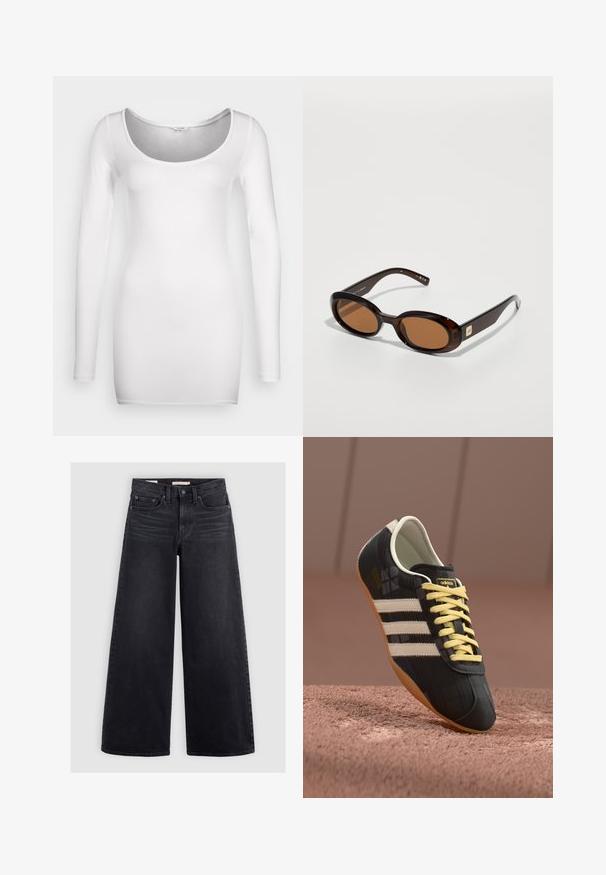 Hvid langærmet top med rund halsudskæring, lavet af blødt, strækbart stof. Har en slim fit og en glat tekstur uden yderligere mønstre.; Bredbenede sorte jeans lavet af denim, med høj talje, fem lomme-design og subtilt slid langs forsiden.; Sorte atletiske sko med tre hvide striber, gule snørebånd og en struktureret overflade. Har et buet design og gummisål.; Brune skildpadde-solbriller med ovale linser, der har en tynd stel og en lille metalaccent på siden. Struktureret og poleret overflade.