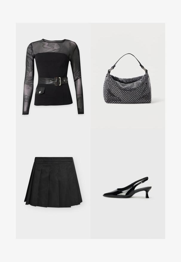 Haut noir à manches longues avec partie supérieure et manches en mesh transparent, corsage ajusté, large ceinture avec boucle argentée et petit détail de poche avant.; Mini-jupe noire plissée avec large ceinture, plis plats uniformément espacés, présentée à plat sur un fond gris clair.; Escarpins en cuir verni noir avec un bout pointu et un petit talon carré. Sangle réglable à la cheville avec boucle.; Sac noir et argent avec une surface tissée et texturée présentant des motifs carrés, une seule poignée supérieure et un design décontracté.