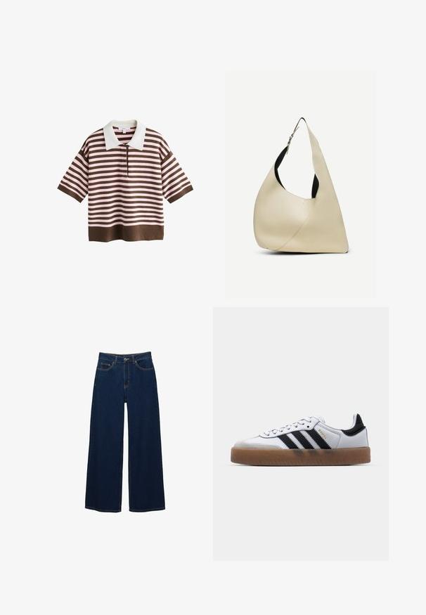 Kortærmet polo med brune og lyserøde vandrette striber og en hvid krave, vist på hvid baggrund.; Mørkeblå vidde jeans i denim; har forlommer og knaplukning; fremtrædende syninger langs sømmene; ingen mønstre eller udsmykninger.; Hvide lædersneakers med sorte striber, gummirubber sål, rund tå, snørelukning og blød grå ruskinds tåhætte.; Skuldertaske i cremelærret glat læder med buet trekantet form og justerbar rem med sølvspænde.