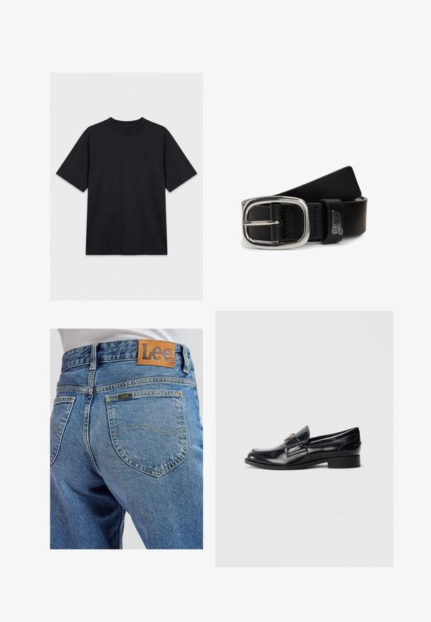 T-shirt noir à manches courtes et col rond, présenté à plat sur un fond blanc, vue de face sans logos ni motifs visibles.; Jean bleu en denim avec poches arrière présentant des surpiqûres jaunes et une écusson en cuir marron de la marque Lee sur la ceinture.; Mocassin en cuir noir brillant avec petit talon et emblème métallique décoratif sur le cou-de-pied, présenté de profil sur fond blanc.; Ceinture en cuir noire roulée avec une boucle rectangulaire argentée et logo "Tommy Jeans" sur la boucle en cuir.