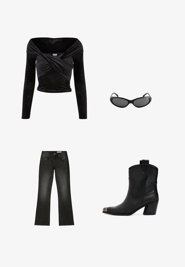 Sort ribbet langærmet top med off-the-shoulder design, der har en snoet front og en tætsiddende silhuet.; Sorte falmede jeans med lige ben, fem lommer, knaplukning foran og lynlås, vist på hvid baggrund.; Sort læderankelstøvle med en let hæl, udstyret med en spids tå og metalhætte. Enkel syning og trækflap på bagsiden.; Strømlinede sorte wraparound-solbriller med mørketonede linser og buede stænger, designet til at sidde tæt omkring øjnene.