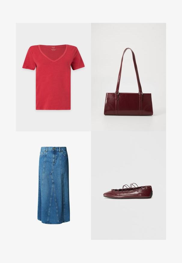 Rød kortærmet T-shirt med V-udskæring, enkel design, ingen synlige mønstre eller grafik, vist på hvid baggrund.; Lys blå denimnederdel i knælængde med en tætsiddende talje, knaplukning og frontlommer; har en paneleret design og rå kant.; Burgundy læder balletflade med spids tå, snøredetaljer foran, og sølvøjer. Blød sål for fleksibilitet og komfort.; Bordeaux håndtaske lavet af glansfuldt materiale, rektangulær form, med to skulderremme og subtile buede detaljer på forsiden.