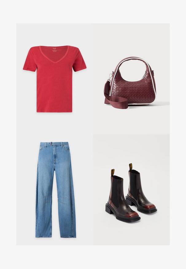 Rotes T-Shirt mit kurzen Ärmeln und V-Ausschnitt, schlichtes Design, keine sichtbaren Muster oder Grafiken, dargestellt auf weißem Hintergrund.; Hellblaue Straight-Leg-Denimjeans mit Fronttaschen, Gürtelschlaufen und sichtbaren Nahtdetails an beiden Knien.; Dr. Martens MAYBOLE CHELSEA - Plateaustiefelette - black/cherry red; Dunkelrote gewebte Ledertasche mit gebogenem Griff, weißem Besatz, silbernem Reißverschluss und abnehmbarem breitem Stoff-Schulterriemen vor einfarbigem Hintergrund.