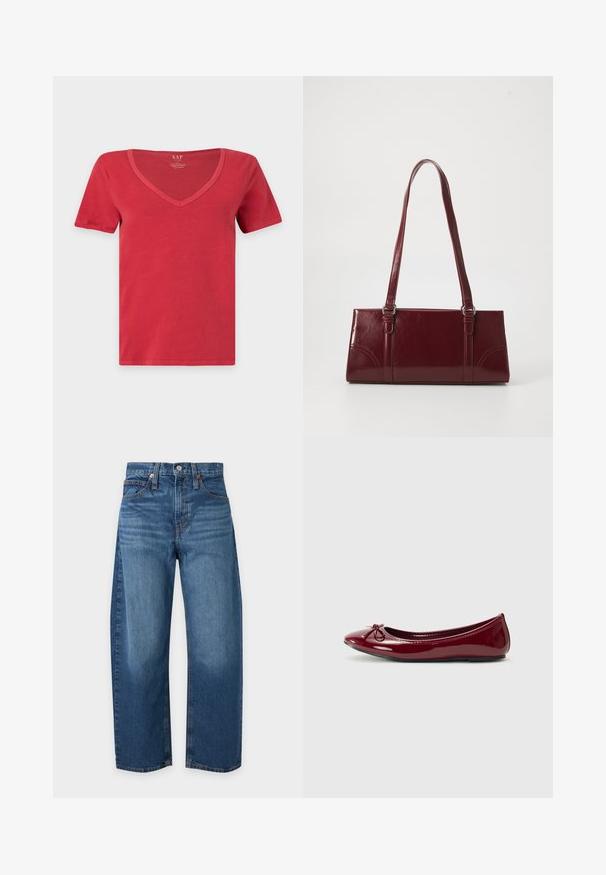 Rotes T-Shirt mit kurzen Ärmeln und V-Ausschnitt, schlichtes Design, keine sichtbaren Muster oder Grafiken, dargestellt auf weißem Hintergrund.; Blaue High-Waist Straight-Leg Jeans mit Vorder- und Gesäßtaschen, Knopfverschluss und Gürtelschlaufen auf hellem Hintergrund.; Balletschuh aus glänzendem burgunderfarbenem Lackleder, mit runder Zehe und kleinem Schleifendetail an der Vorderseite. Glatte Textur, niedriger Absatz.; Burgunderfarbene Handtasche aus glänzendem Material, rechteckige Form, mit zwei Schulterriemen und subtilen, geschwungenen Akzenten an der Vorderseite.