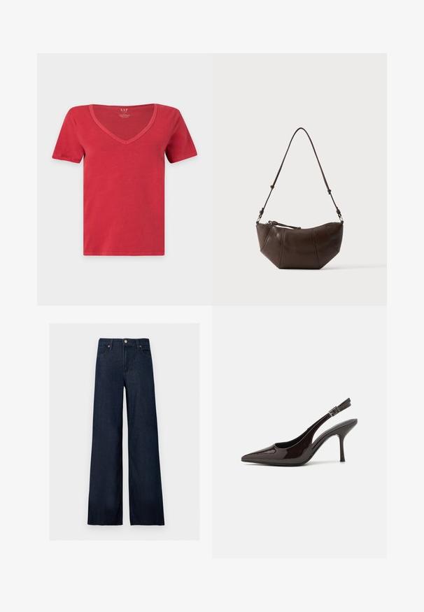 Camiseta roja de manga corta con escote en V, diseño liso, sin patrones ni gráficos visibles, mostrada sobre fondo blanco.; Vaqueros de mezclilla de pierna ancha en azul oscuro con botón frontal, trabillas para cinturón y diseño de cinco bolsillos sobre un fondo liso.; Zapato de tacón alto tipo slingback en piel sintética brillante de color marrón oscuro, con punta afilada, laterales abiertos y correa ajustable en el tobillo.; Bolso de hombro de cuero marrón con fondo curvado y correa ajustable sobre un fondo claro y liso.