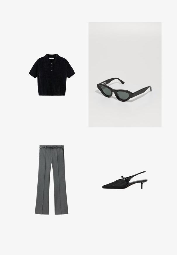 Sort kortærmet fuzzy polo shirt med tre hvide knapper og en klassisk krave, præsenteret på en hvid baggrund.; Grå skræddersyede bukser med lige ben, letvægtigt stof, bæltesløjfer og et smalt bælte med en sølvspænde.; Sorte slingback hæle med spidse tæer, tekstureret mesh-overdel, slank justerbar rem med sølvspænde og 5 cm stilettohæle.; Sorte solbriller med et geometrisk design, lavet af blank plast. Mørkegrønne linser, vinklede katteøjeform og flade stænger.