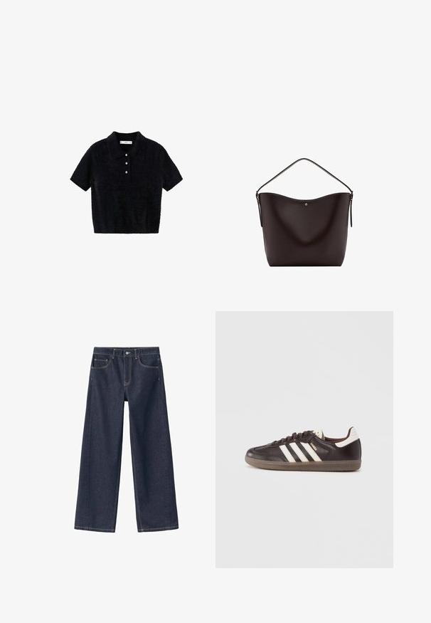 Schwarzes, kurzärmliges, flauschiges Poloshirt mit drei weißen Knöpfen und einem klassischen Kragen, auf einem weißen Hintergrund präsentiert.; Dunkelblaue Denim-Hosen mit weitem Bein und hoher Taille, sichtbaren Nähten, zwei Fronttaschen und einem Knopfverschluss am Bund.; Dunkelbraune Ledersneaker mit weißem Drei-Streifen-Design, einer Gummisohle und dem Schriftzug "Samba" in goldener Schrift an der Seite. Klassische, niedrige Form.; Dunkelbraune Leder-Umhängetasche mit einem einzelnen Riemen und einem kleinen goldenen Knopfdetail in der Mitte vorne.