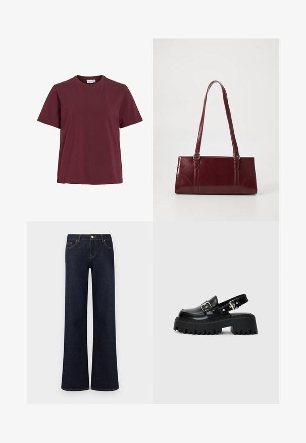 Simpel kortærmet t-shirt med rund hals i ensfarvet mørk bourgogne, vist på hvid baggrund uden mønstre eller logoer.; Mørkeblå vidde denimjeans med forlommer, knap- og lynlåslukning samt synlige kontrastsyninger.; Sorte platform sandaler lavet af skinnende læder, med en spænde rem og en tekstureret tyk sål med udtalte riller.; Bordeaux håndtaske lavet af glansfuldt materiale, rektangulær form, med to skulderremme og subtile buede detaljer på forsiden.