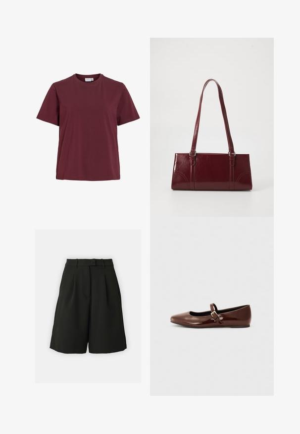 Lihtne lühikeste varrukatega ümara kaelusega t-särk ühevärvilises tumedas burgundia toonis, kujutatud valgel taustal ilma mustrite või logodeta.; Vero Moda Tall VMBECCA BERMUDA - Lühikesed püksid - black; Pruun patendiga nahast pallisaapad ruudukujulise varbaga ja rihmaga, millel on väike kuldne pandla. Sile tekstuur, madal konts ja minimalistlik disain.; Burgundia värvi käekott, mis on valmistatud läikivast materjalist, ristküliku kujuline, kahe õlapaelaga ning ees on peened kaarjad aktsendid.